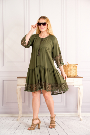 Rochie kaki midi boho chic cu aplicatie din dantela si volane [1]