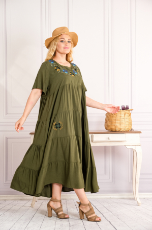 Rochie kaki boho chic cu aplicatie florala pe bust [3]