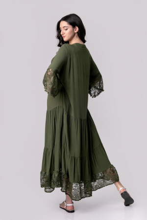 Rochie kaki lunga boho chic cu volane si dantela [3]
