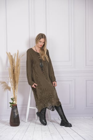 Rochie kaki boho chic tricotata cu detaliu perforat [2]