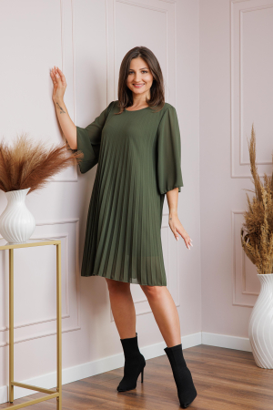 Rochie kaki din voal plisat cu maneci 3/4 Tina [2]