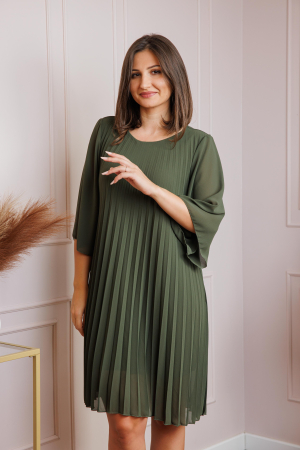 Rochie kaki din voal plisat cu maneci 3/4 Tina [1]