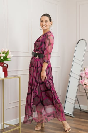Rochie lunga eleganta cu animal print ciclam si centura in talie [2]