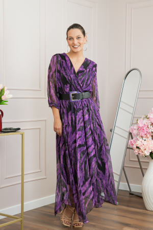 Rochie lunga eleganta cu animal print mov si centura in talie [3]