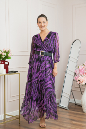 Rochie lunga eleganta cu animal print mov si centura in talie [2]