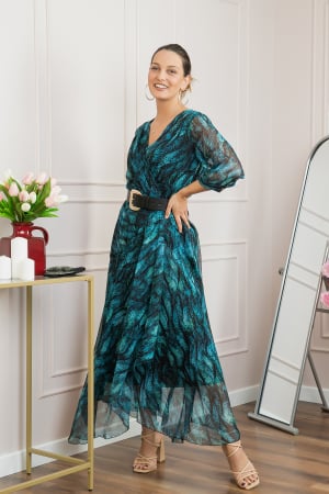 Rochie lunga eleganta cu animal print turcoaz si centura in talie [2]