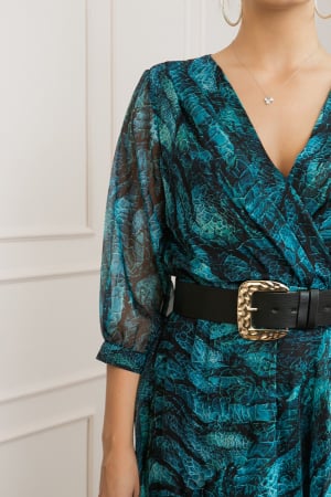 Rochie lunga eleganta cu animal print turcoaz si centura in talie [1]