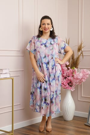 Rochie Margot din voal cu baza asimetrica si imprimeu abstract mov [3]