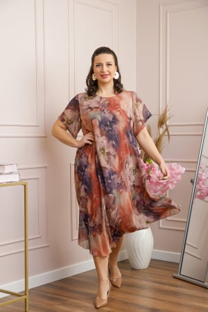 Rochie Margot din voal cu baza asimetrica si imprimeu floral caramiziu [3]