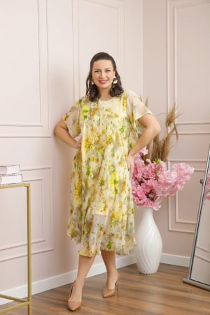 Rochie Margot din voal cu baza asimetrica si imprimeu floral galben [3]