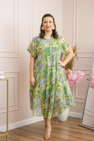 Rochii - Rochie Margot din voal cu baza asimetrica si imprimeu floral verde