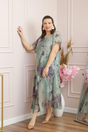 Rochie Margot din voal cu baza asimetrica si imprimeu floral verde pastel [2]