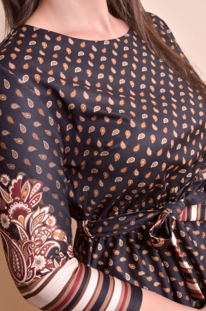 Rochie office maro cu imprimeuri florale bej si cordon in talie [3]