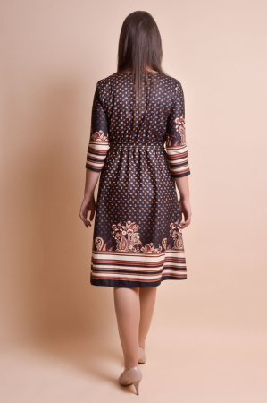 Rochie office maro cu imprimeuri florale bej si cordon in talie [4]