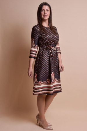 Rochie office maro cu imprimeuri florale bej si cordon in talie [2]