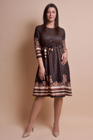 Rochie office maro cu imprimeuri florale bej si cordon in talie [5]