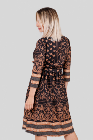 Rochie office maro cu imprimeuri florale crem si cordon in talie [3]