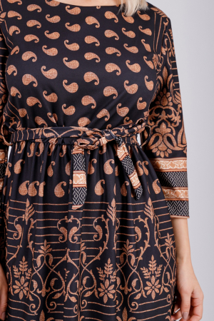 Rochie office maro cu imprimeuri florale crem si cordon in talie [2]