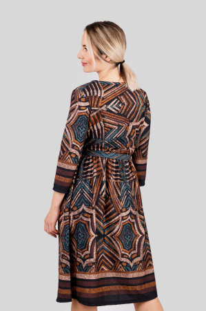 Rochie office maro cu imprimeuri geometrice turcoaz si cordon in talie [3]