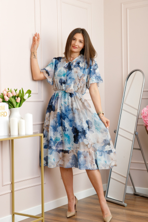 Rochii - Rochie midi albastra Annalise cu imprimeu floral si funda la decolteu