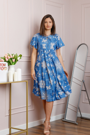Rochie midi albastra cu imprimeu floral ivoire si snur la decolteu Shelby [3]