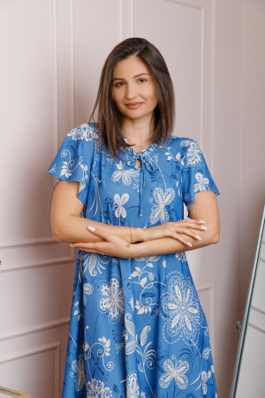 Rochie midi albastra cu imprimeu floral ivoire si snur la decolteu Shelby [1]