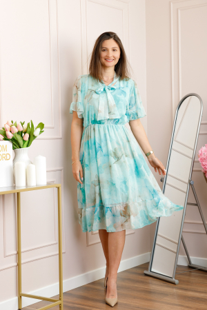 Rochie midi bleu Annalise cu imprimeu floral si funda la decolteu [3]
