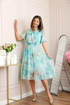 Rochii - Rochie midi bleu Annalise cu imprimeu floral si funda la decolteu