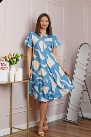 Rochie midi bleu cu imprimeu abstract ivoire si snur la decolteu Shelby [3]