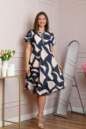Rochie midi bleumarin cu imprimeu abstract ivoire si snur la decolteu Shelby [3]