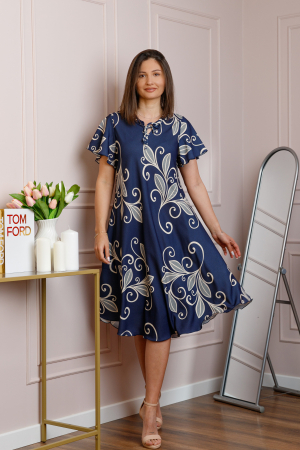 Rochie midi bleumarin cu imprimeu floral ivoire si snur la decolteu Shelby [3]