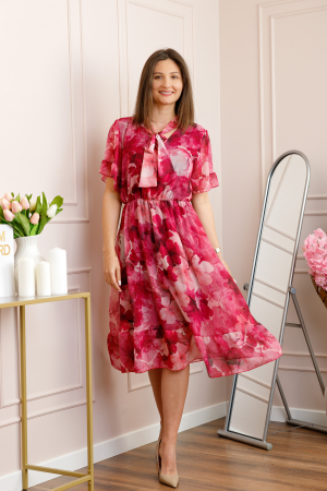 Rochie midi ciclam Annalise cu imprimeu floral si funda la decolteu [3]