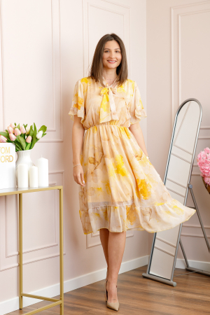 Rochie midi galbena Annalise cu imprimeu floral si funda la decolteu [3]