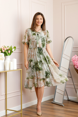 Rochie midi kaki Annalise cu imprimeu floral si funda la decolteu [3]