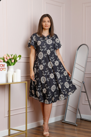 Rochie midi neagra cu imprimeu floral alb si snur la decolteu Shelby [3]