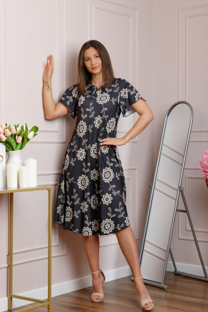 Rochie midi neagra cu imprimeu floral alb si snur la decolteu Shelby [2]