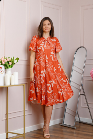 Rochie midi orange cu imprimeu floral ivoire si snur la decolteu Shelby [3]