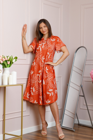 Rochie midi orange cu imprimeu floral ivoire si snur la decolteu Shelby [2]