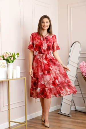 Rochie midi rosie Annalise cu imprimeu floral si funda la decolteu [3]