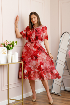 Rochii - Rochie midi rosie Annalise cu imprimeu floral si funda la decolteu