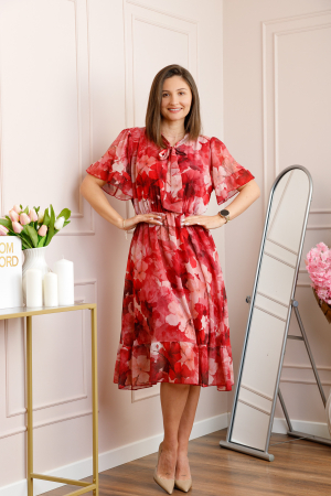 Rochie midi rosie Annalise cu imprimeu floral si funda la decolteu [2]