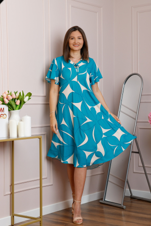 Rochie midi turcoaz cu imprimeu abstract ivoire si snur la decolteu Shelby [3]