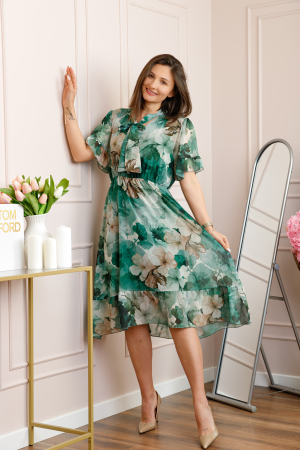 Rochii - Rochie midi verde Annalise cu imprimeu floral si funda la decolteu