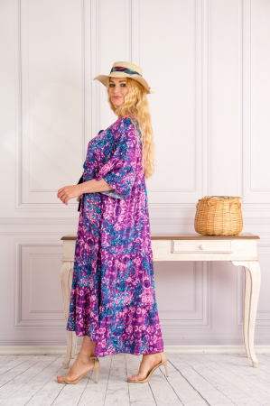 Rochie mov lunga boho chic cu imprimeuri florale albastre [1]