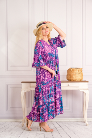 Rochie mov lunga boho chic cu imprimeuri florale albastre [3]