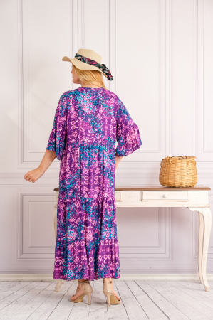 Rochie mov lunga boho chic cu imprimeuri florale albastre [2]