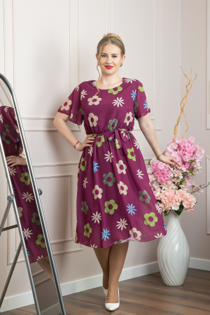 Rochii - Rochie mov pruna cu imprimeu floral si maneci fluture