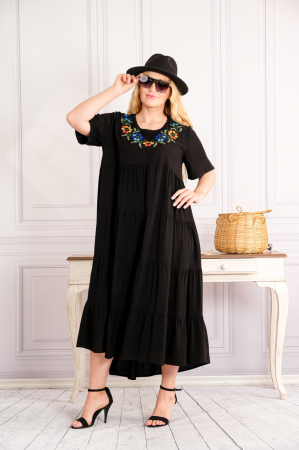 Rochie neagra boho chic cu aplicatie florala pe bust [2]