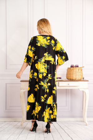Rochie neagra lunga boho chic cu imprimeuri florale galbene [2]