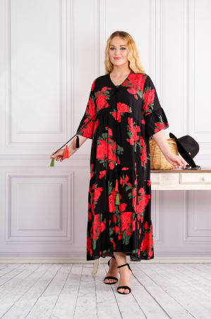 Rochie neagra lunga boho chic cu imprimeuri florale rosii [3]